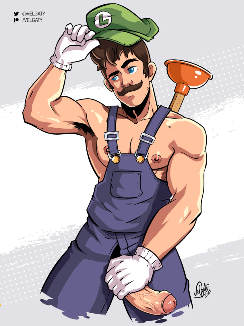 1boy balls biceps big_bulge brother bulge clothing erection gay gloves hairy hard_nipples hat huge_balls huge_cock luigi male male_only mario_(series) moustache muscles muscular muscular_male naked nipples nude nude_male overalls penis penis_out plumber plunger simple_background solo standing vein veiny_penis velgaty