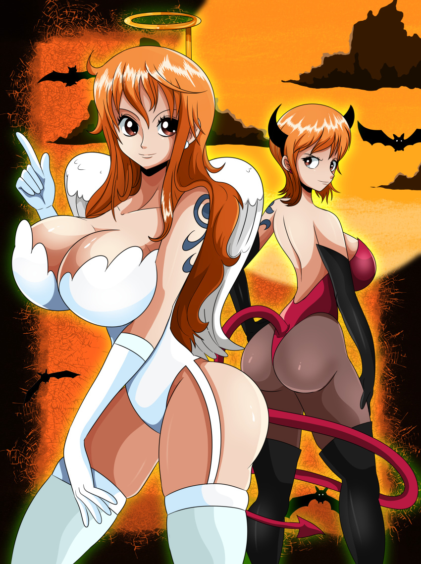 2girls angel angel_wings ass big_ass big_breasts big_butt boots cleavage dat_ass demon_girl demon_horns demon_tail dual_persona elbow_gloves eyebrows eyelashes fat_ass female female_only garter_straps ginger gloves halloween halloween_costume halo large_ass large_breasts light-skinned_female light_skin lingerie looking_at_viewer looking_back nami one_piece orange_eyes orange_hair pantyhose post-timeskip pre-timeskip red_hair sonson-sensei teddy_(clothing) thick_ass thick_thighs thigh_boots thighhighs thighs time_paradox