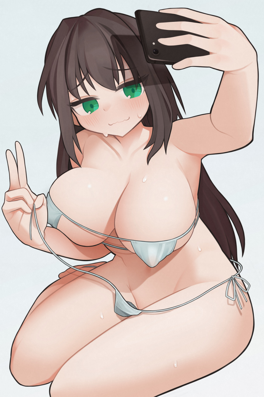 akaiha_(akaihasugk) asai_ren bare_shoulders big_breasts bikini black_hair breasts eyebrows_visible_through_hair green_eyes highres jikkyou_powerful_pro_yakyuu long_hair power_pro_kun_pocket power_pro_kun_pocket_12 selfcest simple_background solo sweat swimsuit thick_thighs thighs white_background