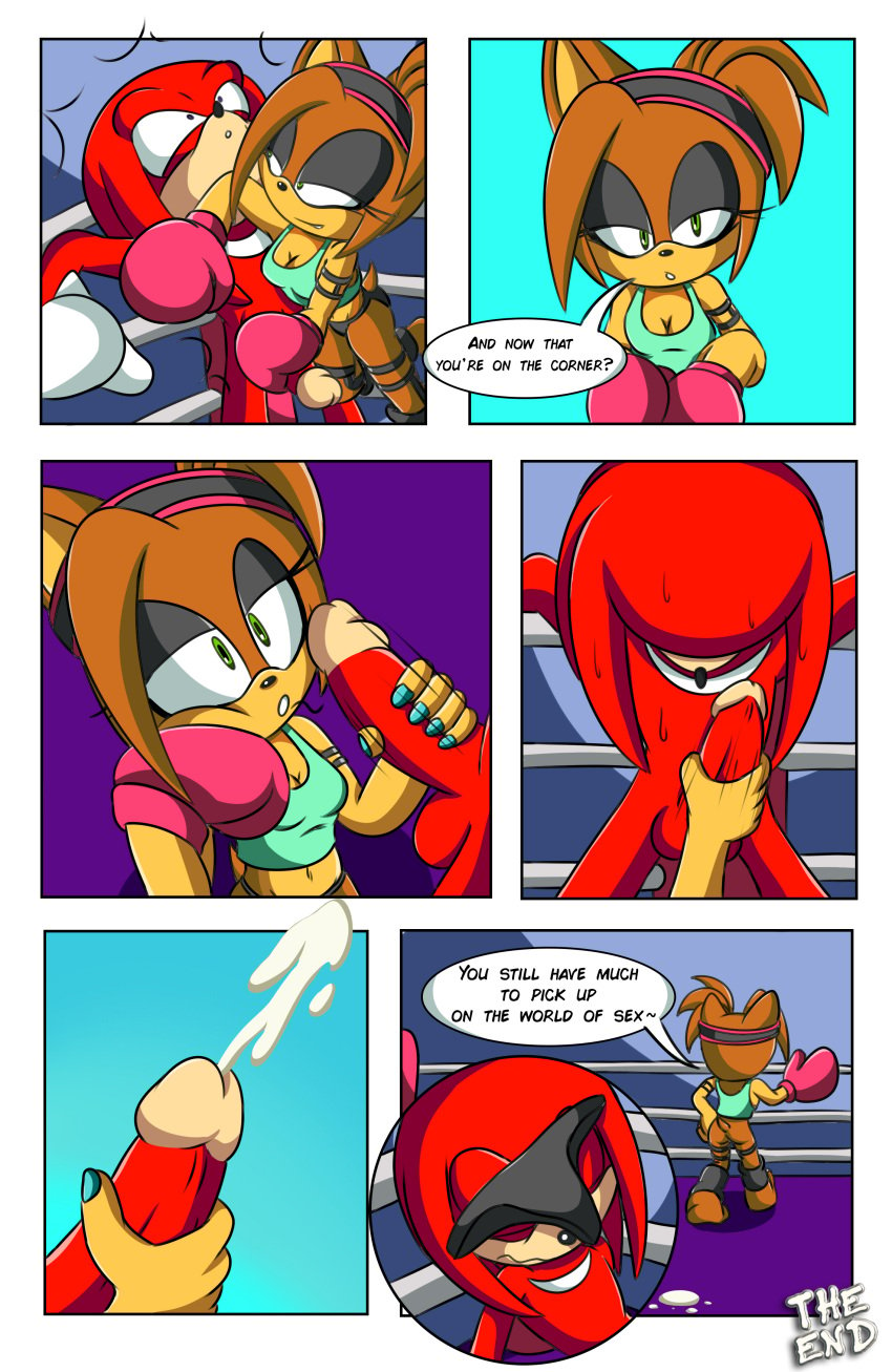 1girls 1male 2018 2023 anus ass balls blush boxing_gloves boxing_ring cleavage comic cum cumming dialogue ejaculation female handjob hd hedgehoglove hi_res high_resolution highres kicking klara_the_hedgehog knuckles_the_echidna male masturbation page_5 panties panties_off penis punching pussy rubbing rubbing_penis sonic_(series) sonic_the_hedgehog_(series) testicles vagina