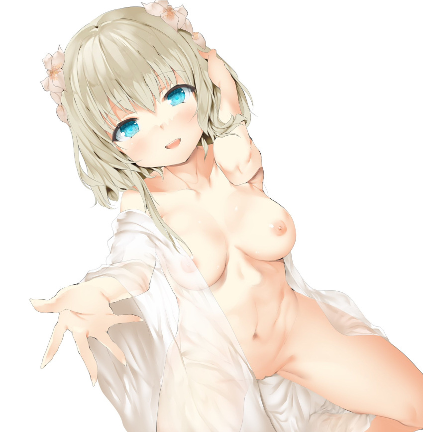 adjusting_hair blonde_hair blush breasts character_request collarbone copyright_request female flower hair_flower hair_ornament highres looking_at_viewer medium_breasts medium_hair nipples open_mouth outstretched_hand pussy see-through simple_background solo ushiro_muki white_background