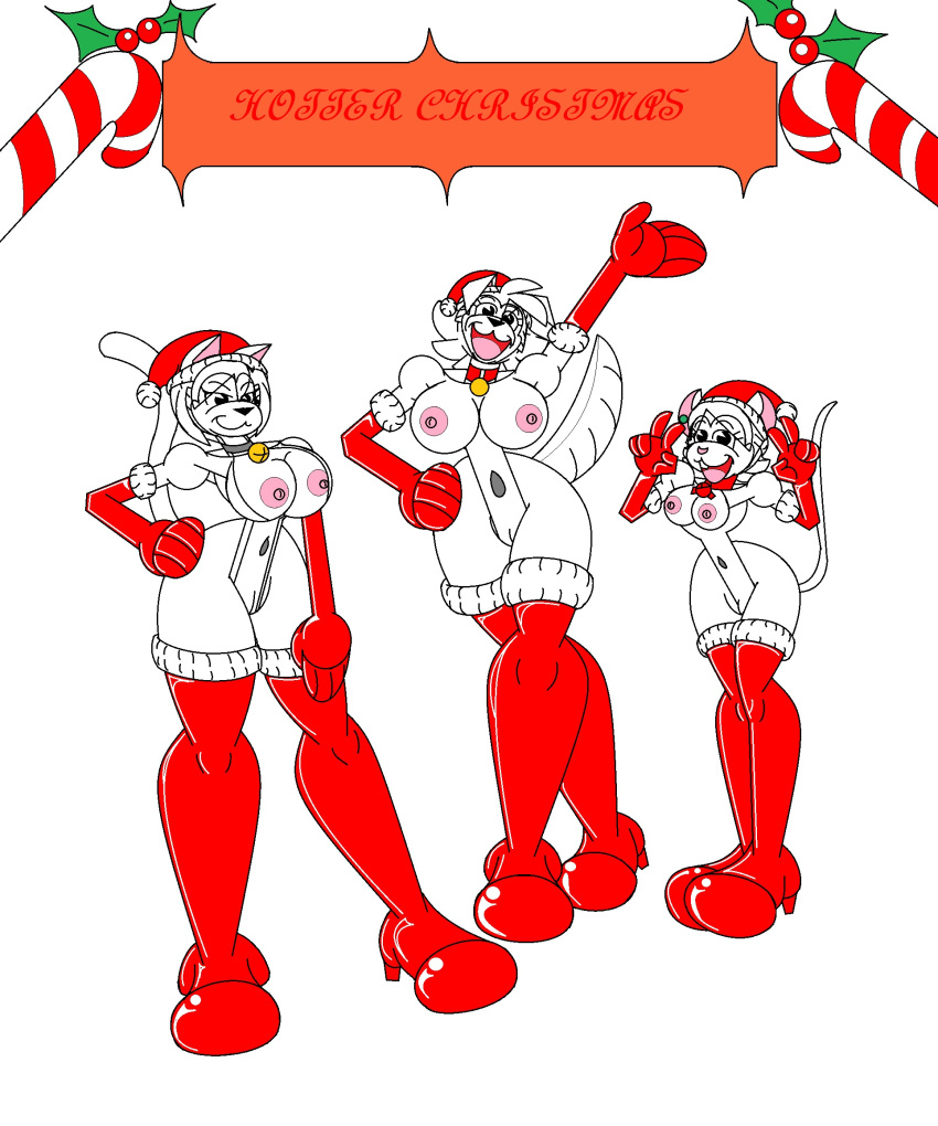 bell_collar big_breasts big_hips cartoony christmas christmas_hat christmas_outfit creampie_the_dog earring elbow_gloves fetichi_the_cat furry high_heel_boots holidays marlon64 naked_boots naked_gloves nude_female older_woman_and_teenage_girl santa_claus_(cosplay) scarf_only short_hair simple_background small_breasts thiny_the_mouse warp white_background white_hair