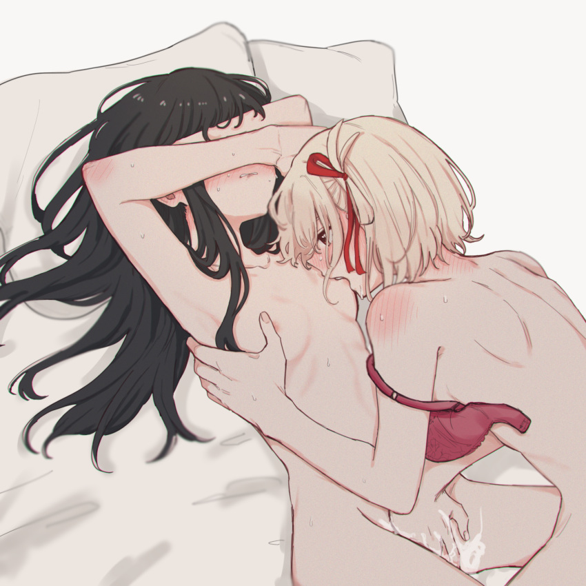 0tyaro 2girls areolae bed biting_lip black_hair blonde_hair blush blushing_profusely bra breast_sucking breasts finger_fuck fingering fingering_partner functionally_nude hair_ornament hiding_face inoue_takina intimate light-skinned_female light_skin long_hair looking_pleasured lycoris_recoil multiple_girls nishikigi_chisato passionate pussy_juice red_bra short_hair small_breasts sweat unhooked_bra yuri