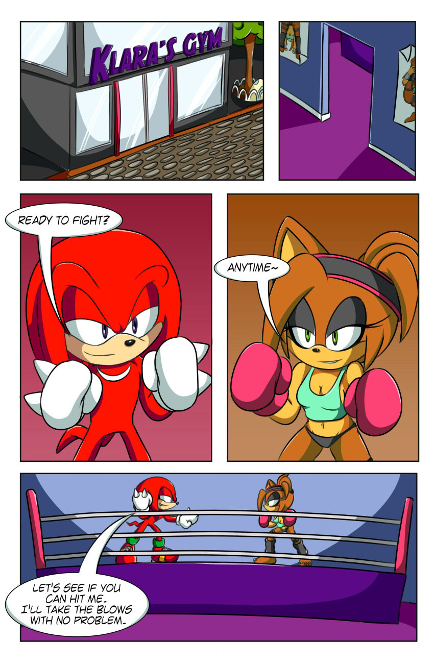 1girls 1male 2018 2023 boxing_gloves boxing_ring cleavage comic dialogue female hd hedgehoglove hi_res high_resolution highres klara_the_hedgehog knuckles_the_echidna male page_4 sonic_(series) sonic_the_hedgehog_(series)