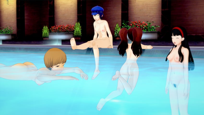 3d 4girls amagi_yukiko ass atlus barefoot black_hair blue_hair breasts brown_hair casual casual_nudity completely_naked completely_nude female female_only female_pubic_hair foot_in_water hairband hat headwear human in_water kujikawa_rise long_hair multiple_girls naked naked_hat navel nipples nonsexual_nudity nude nudist pale_skin partially_submerged persona persona_4 pool pubic_hair pussy retro_punch retropunch satonaka_chie shirogane_naoto short_hair skinny_dipping swimming swimming_pool tomboy toned_female twintails