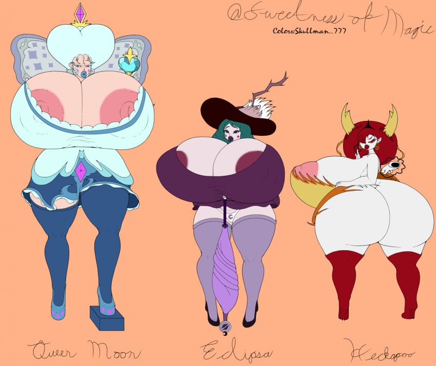 3girls big_ass big_breasts bimbo boob_window breasts_bigger_than_head clothed eclipsa_butterfly female female_only hekapoo high_heels huge_ass hyper_breasts moon_butterfly multiple_girls no_bra skullman777 star_vs_the_forces_of_evil