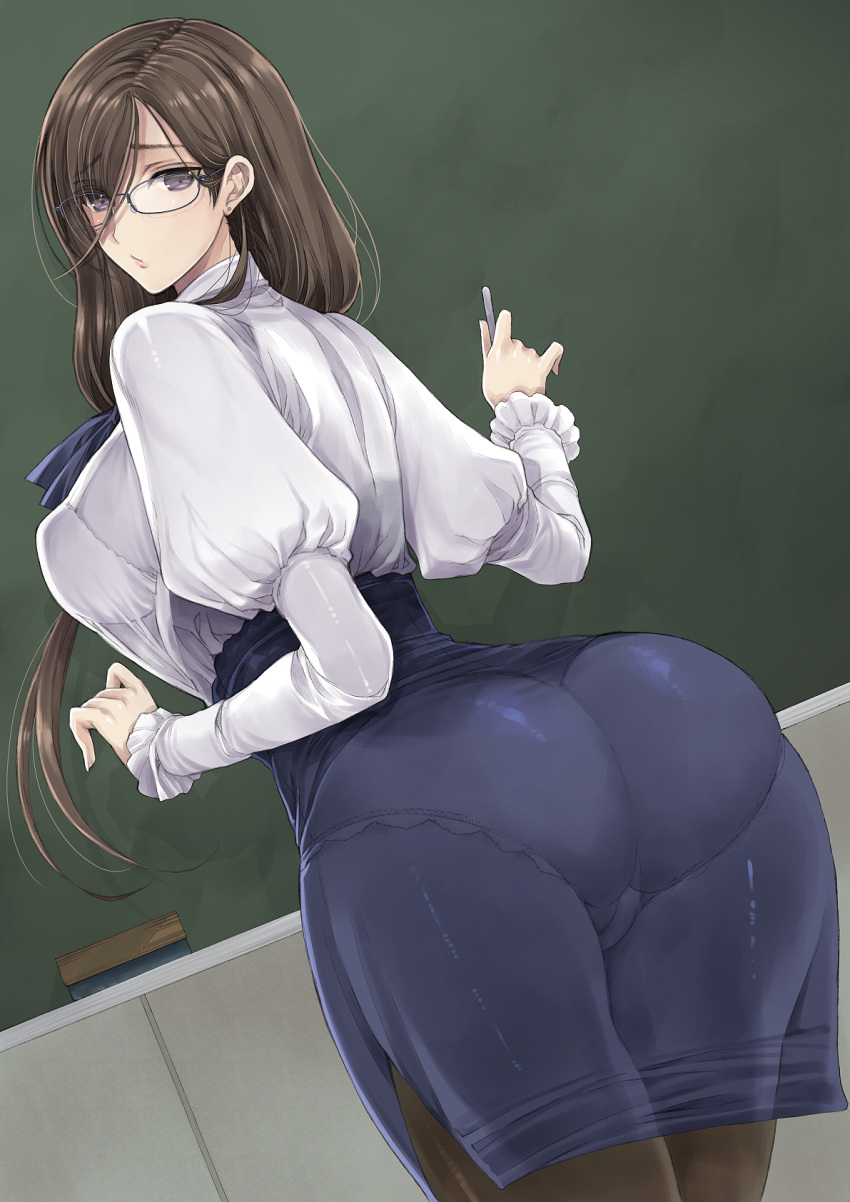 1girls 2021 blue_eyes blue_shirt blue_skirt board_eraser bra_visible_through_clothes bralines breasts brown_eyes chalk chalkboard classroom clothed clothing earrings eyebrows_visible_through_hair female female_only frilled_sleeves frills glasses highres holding_chalk indoors jewelry juliet_sleeves large_breasts long_hair looking_at_viewer looking_back mature_female original pantyhose pantylines puffy_sleeves school see-through see-through_clothing shinano_yura shirt skin_tight skirt solo standing teacher