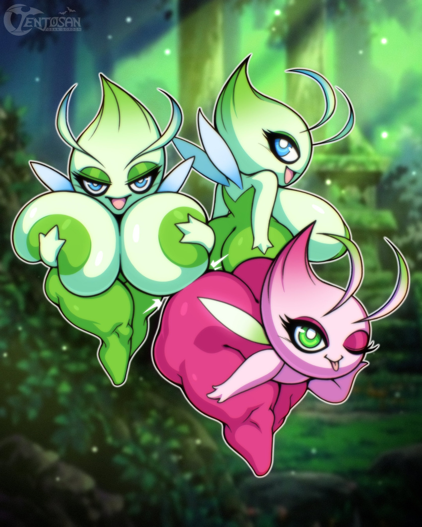 3girls artist_signature blue_eyes celebi fairy female female_only flat_chest forest generation_2_pokemon grass_type green_eyes green_skin huge_ass huge_breasts multiple_girls mythical_pokemon one_eye_closed pink_skin pokémon_(species) pokemon pokemon_(species) pokemon_gsc pokemon_hgss psychic_type shiny_celebi shiny_pokemon shortstack tenjosan thick_thighs tongue_out wings wink