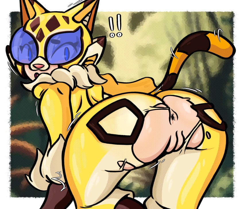 ass ass_focus ass_up back_view behind_view big_ass big_butt brawl_stars chest_tuft cosplay costume heroine jaguar looking_back looking_back_at_viewer max_(brawl_stars) max_(leopard) patatero69 ripped_clothing ripped_pants suit superheroine