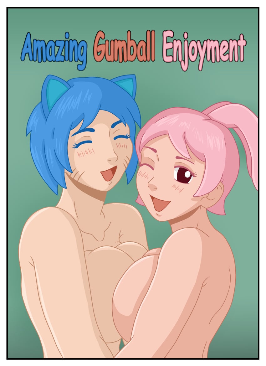 2girls anais_watterson big_breasts blue_hair blush breasts_squeezed_together bunny_ears cat_ears multiple_girls nicole_watterson paxwell pink_hair pressing_breasts_together rabbit_ears short_hair the_amazing_world_of_gumball the_amazing_world_of_gumball_(human)