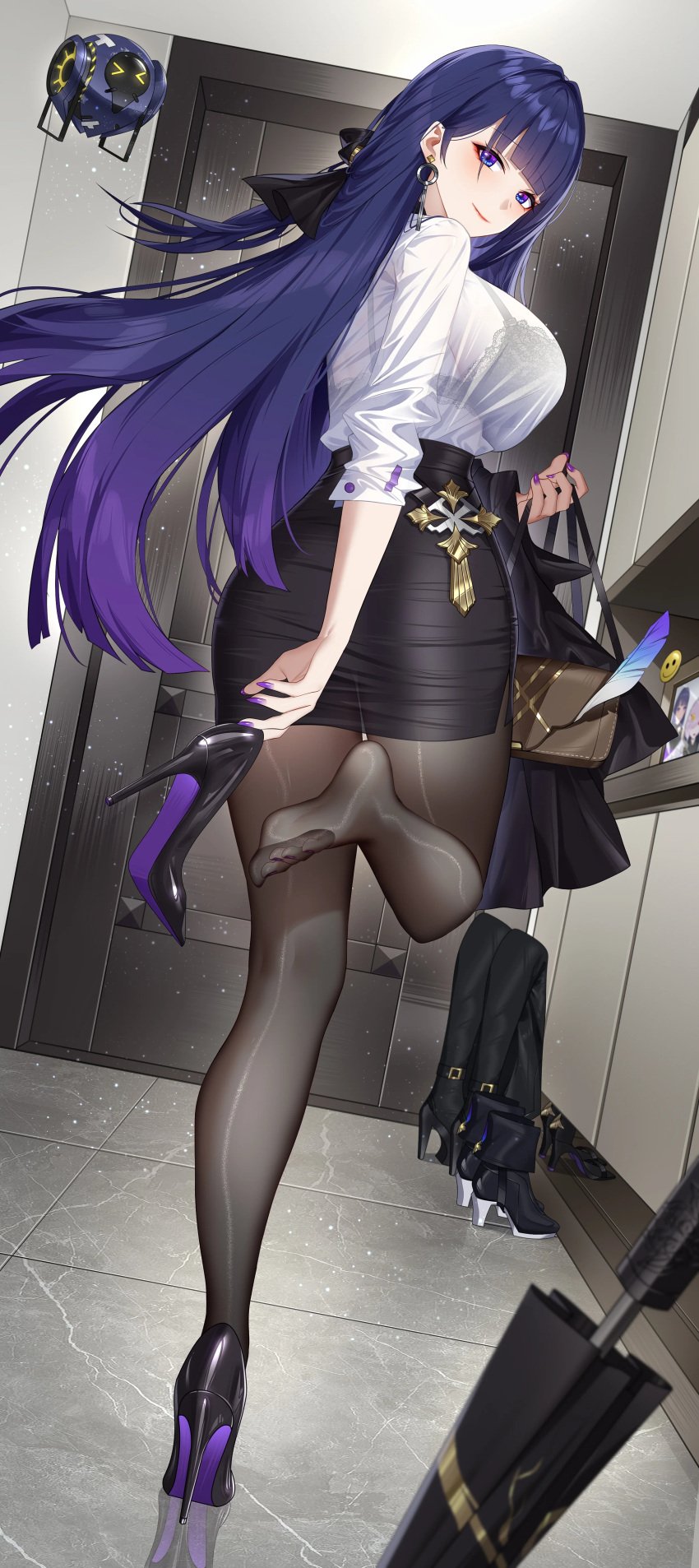 absurd_res black_hair boots door doorway feathers heels high_heel_boots high_heels highres honkai_(series) honkai_impact honkai_impact_3 honkai_impact_3rd looking_at_viewer looking_back looking_back_at_viewer mature_female nail_polish no_sex nsfw_version_available office_clothing office_lady pantyhose photo_(object) photo_frame purple_nail_polish raiden_mei robot see-through see-through_clothing sfw thigh_boots thighhighs visible_underwear wu_ganlan_cai