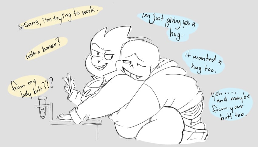 1boy 1boy1girl 1girls 2017 alphys animated_skeleton anthro breast_grab clothed english_text female female_anthro from_behind grabbing_breasts grabbing_from_behind holding_object holding_pencil hoodie hugged_from_behind hugging hugging_from_behind implied_erect_penis implied_erection lab_coat labcoat lameandashamed lizard lizard_girl male male/female monochrome monster pencil reptile salphys sans sans_(undertale) scalie skeleton straight test_tube text undead undertale undertale_(series)