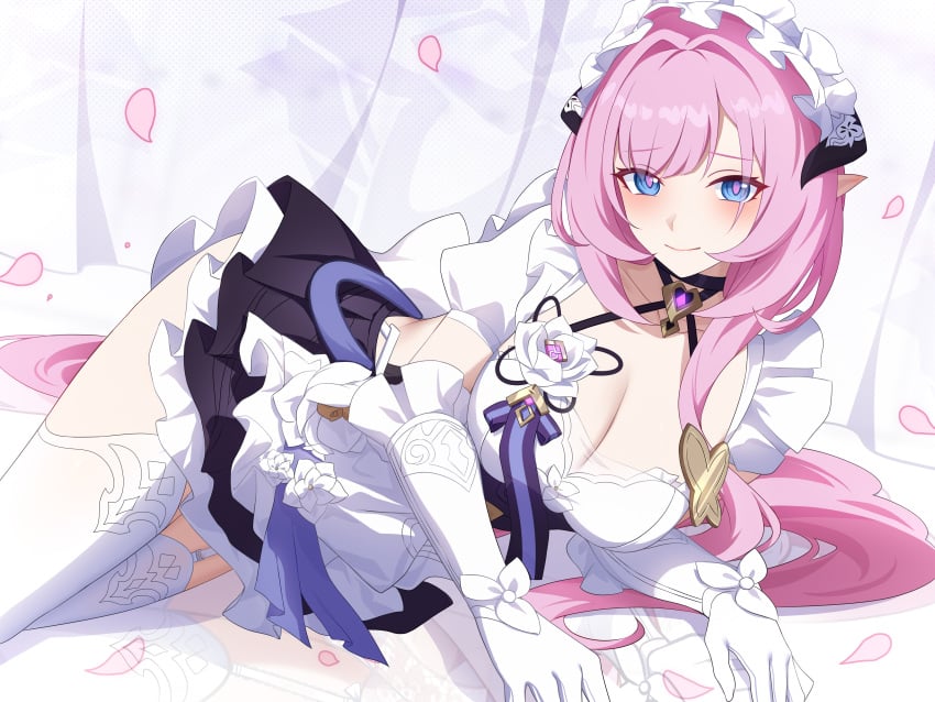 1girls absurd_res blue_eyes blush choker elf elf_ears elf_female elf_girl elysia_(honkai_impact) female_only garter_belt highres honkai_(series) honkai_impact honkai_impact_3 honkai_impact_3rd lying lying_on_side maid maid_headdress maid_outfit no_sex nsfw_version_available petals pink_hair reflection safe sfw white_garter_straps white_gloves white_thighhighs wu_ganlan_cai