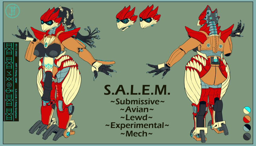 absurd_res anthro avian beak biped bird breasts char_refsheet claws equid equine european_mythology feathers female fleety_(artist) genitals greek_mythology gynomorph hi_res horse intersex machine mammal model_sheet mythological_avian mythological_firebird mythology nsfw penis phoenix pussy robot robotic salem_(character) salem_(ruby_greymane) science_fiction