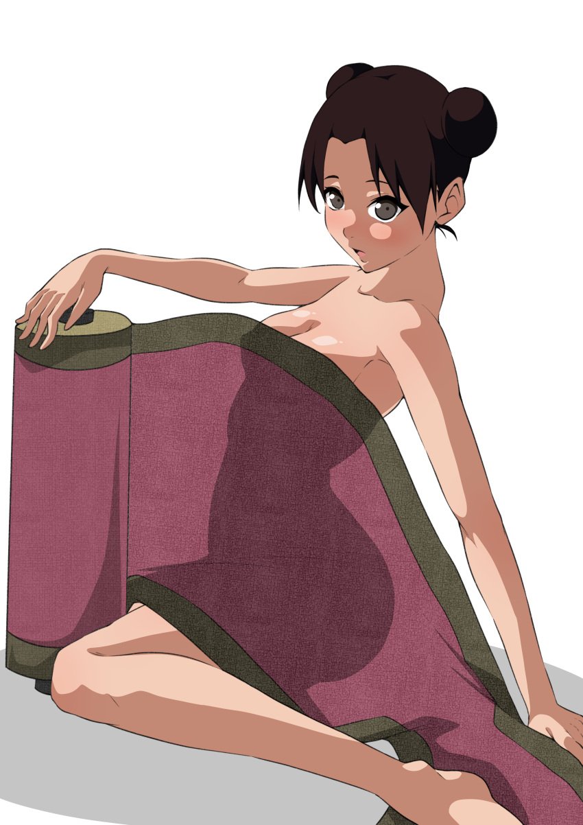 1girls ass big_ass breasts brown_hair completely_nude covering covering_self female female_only full_body kneeling kunoichi monyamonya78 naruto naruto_(series) naruto_shippuden nude on_knees petite scroll see-through shadow silhouette small_breasts solo solo_focus tenten