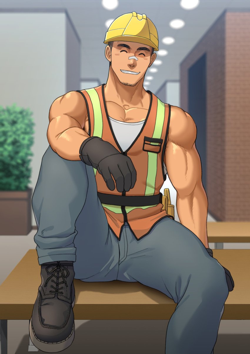 1boy 2021 armpit_hair bara barazoku beard_stubble clothing construction_worker costume facial_hair gay goronaoki gorou_naoki hairy hairy_male halloween halloween_costume hi_res highres holidays male male_focus male_only manly muscular_male sakamoto_(gorou_naoki) solo solo_male yaoi