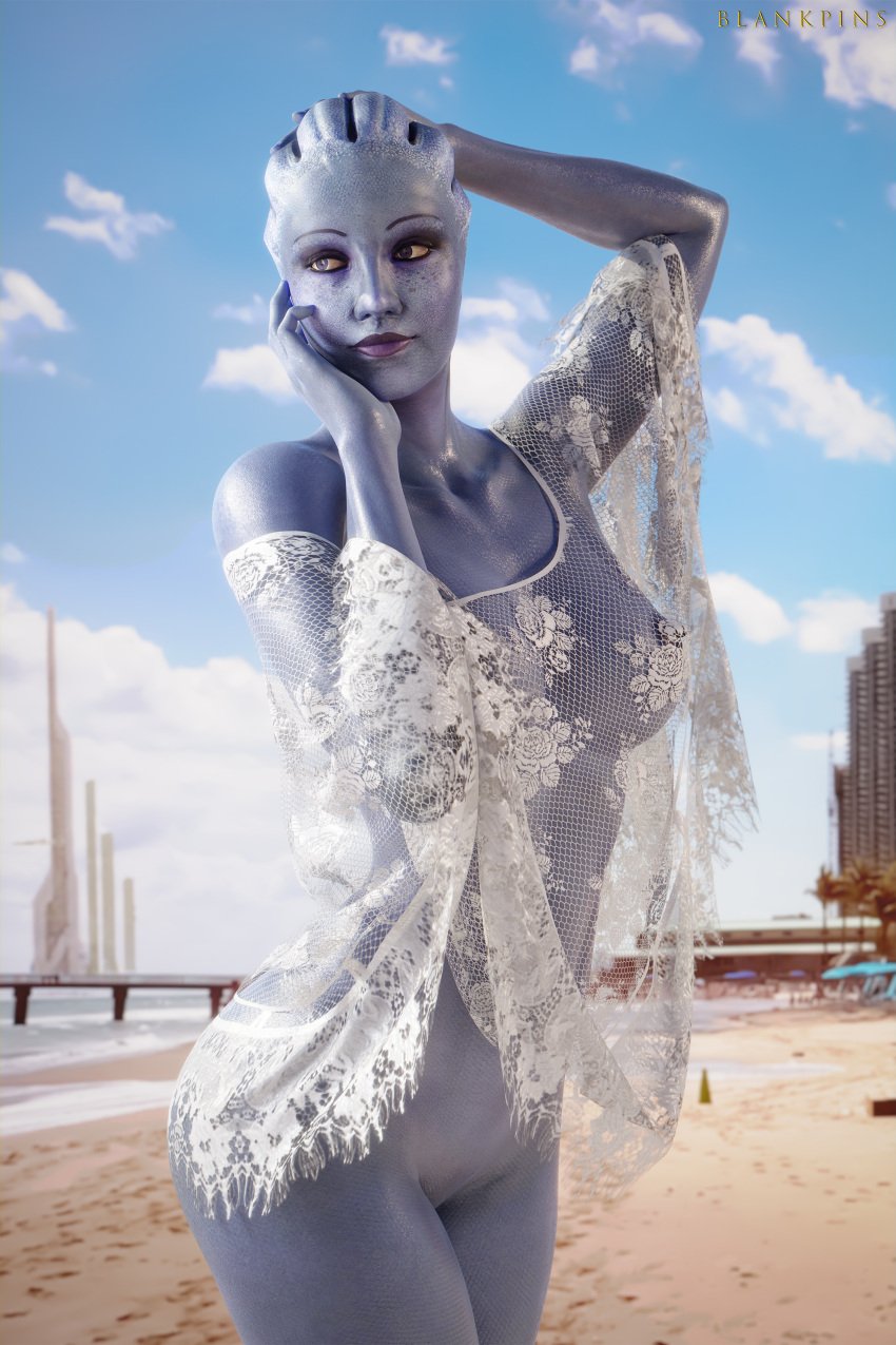 1girls 3d abs alien_girl asari bare_shoulders beach blankpins blue_body blue_skin blue_sky breasts clouds drape female female_only fit_female liara_t'soni mass_effect nude nude_female scales sci-fi see-through see-through_clothing shaved_pussy shawl shawl_only solo solo_female summer