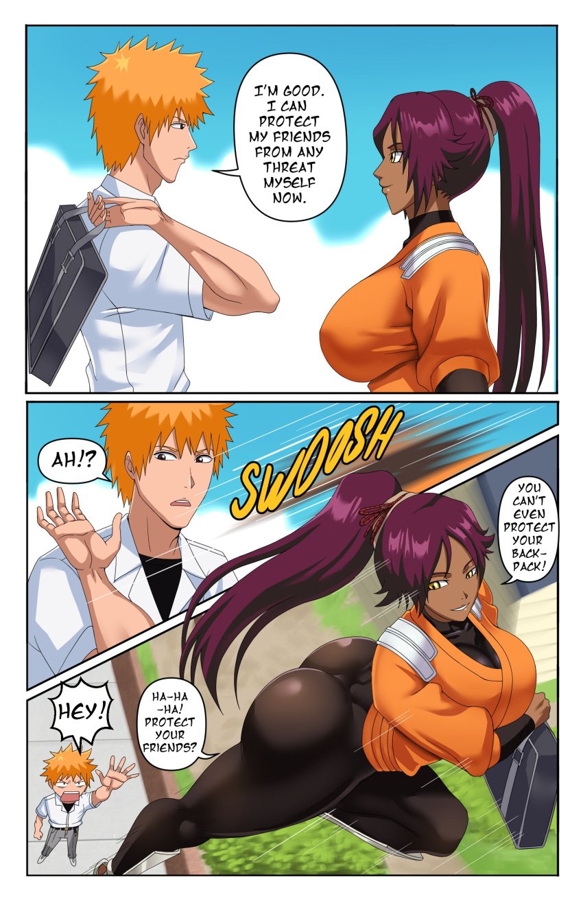 1boy 1girls ass big_ass big_breasts bleach comic dark-skinned_female dark_skin english english_text gigantic_ass huge_ass huge_breasts huge_thighs ichigo_kurosaki kurosaki_ichigo light-skinned_male light_skin long_hair orange_hair pinkpawg ponytail purple_hair school_uniform shihouin_yoruichi short_hair speech_bubble text thick_thighs voluptuous yellow_eyes