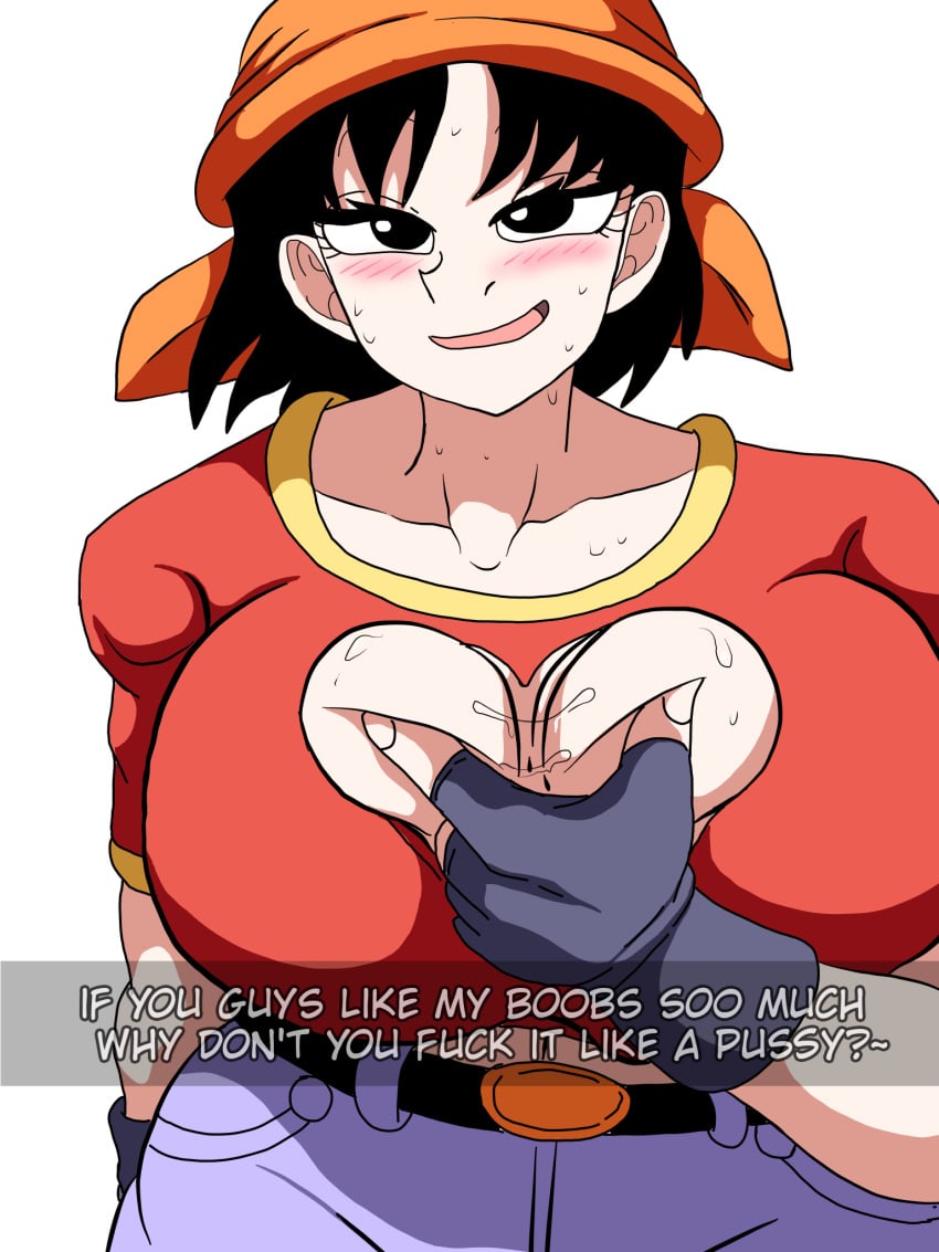 1girls aged_up alternate_breast_size big_breasts breasts cleavage dragon_ball dragon_ball_gt huge_breasts large_breasts paizuri_invitation pan_(dragon_ball) ripped_clothing saiyanpride56 self_upload smirk teasing_viewer