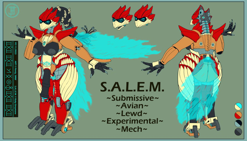 absurd_res anthro avian beak biped bird breasts char_refsheet claws equid equine european_mythology feathers female fleety_(artist) genitals greek_mythology gynomorph hi_res horse intersex machine mammal model_sheet mythological_avian mythological_firebird mythology nsfw penis phoenix pussy robot robotic salem_(character) salem_(ruby_greymane) science_fiction