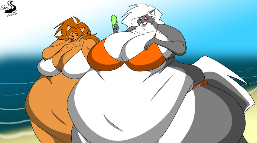 absurd_res anthro bikini blush breasts chrisandcompany clothing daryl_vecat domestic_cat duo felid feline felis female food furry hi_res kelsey_sienna mammal mephitid obese overweight popsicle skunk small_head swimwear tiny_head