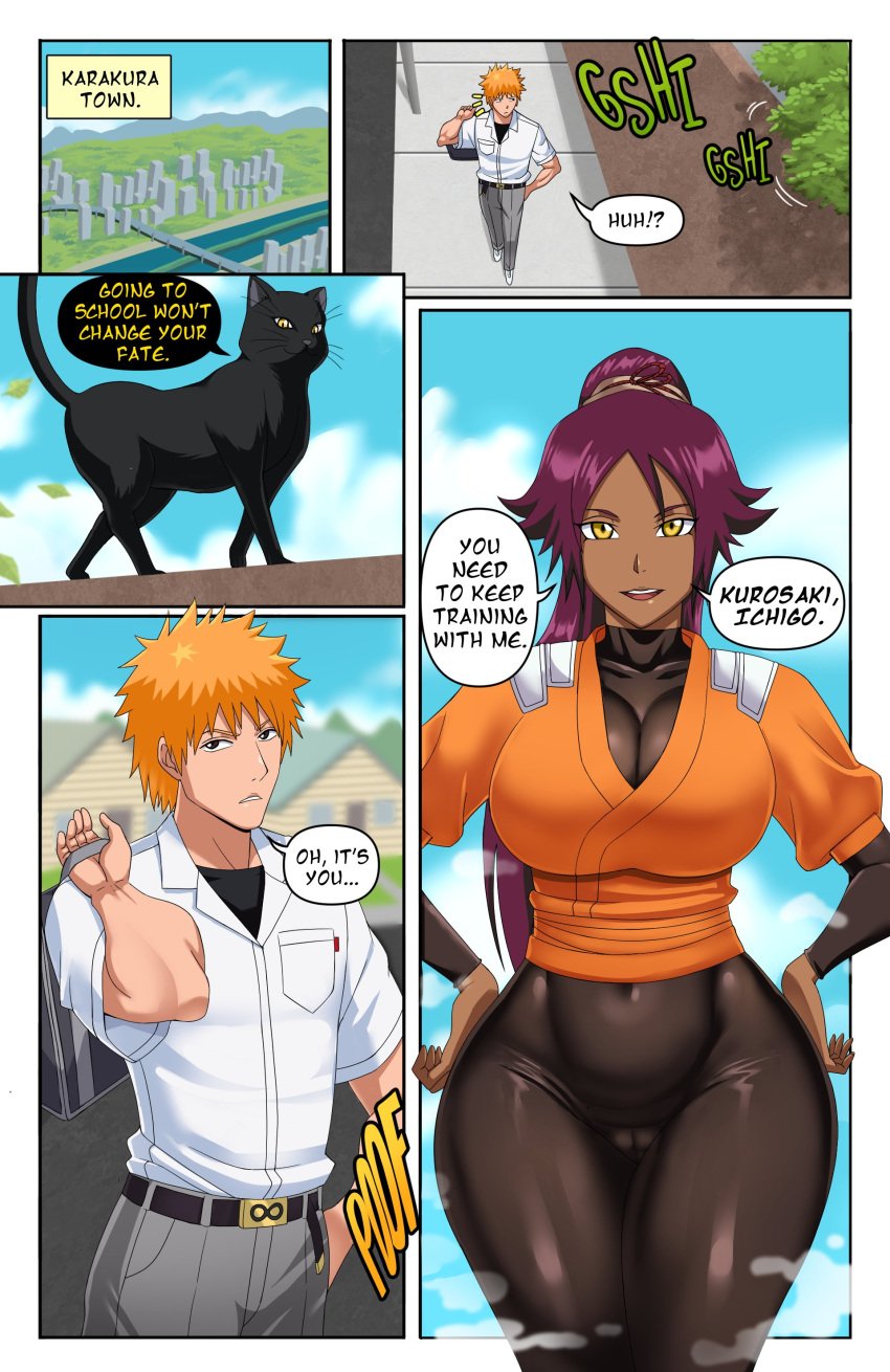 1boy 1girls big_ass big_breasts bleach cameltoe cat child_bearing_hips comic dark-skinned_female dark_skin english english_text huge_breasts huge_thighs ichigo_kurosaki kurosaki_ichigo light-skinned_male light_skin long_hair orange_hair pinkpawg ponytail purple_hair school_uniform shihouin_yoruichi short_hair speech_bubble text thick_thighs voluptuous wide_hips yellow_eyes