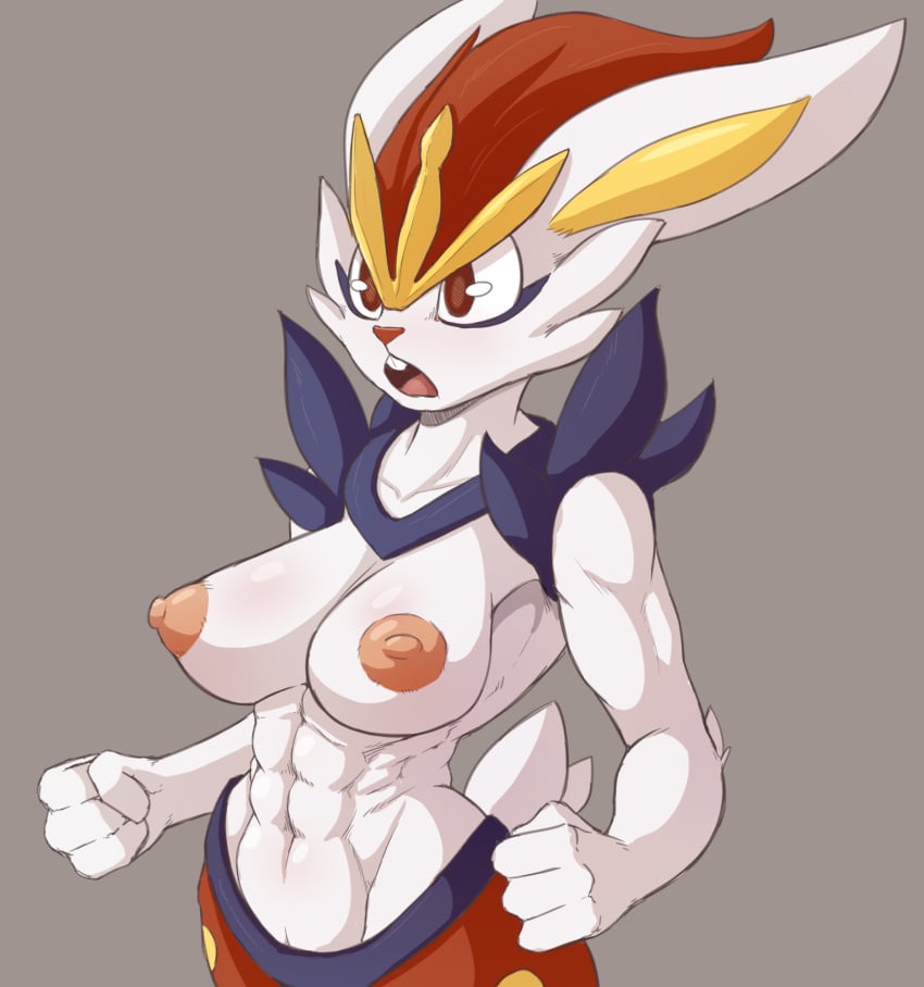 2d anthro big_breasts breasts bunny_ears bunny_tail bunny_teeth cinderace cooliehigh dark_red_eyes eyes female_cinderace fur furry mouth nintendo open_mouth pokémon_(species) pokemon simple_background white_fur