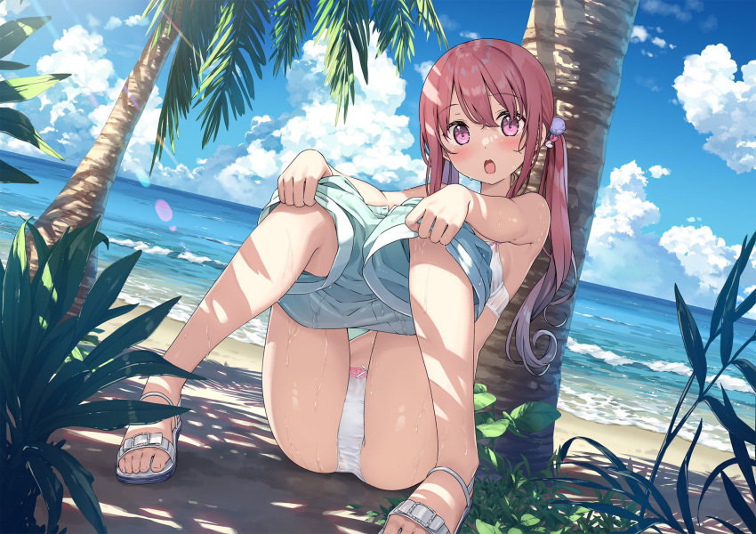 :o beach bra kantoku long_hair open_legs palm_tree panties pink_eyes red_hair sandals shorts shorts_down sitting sunlight toes twintails