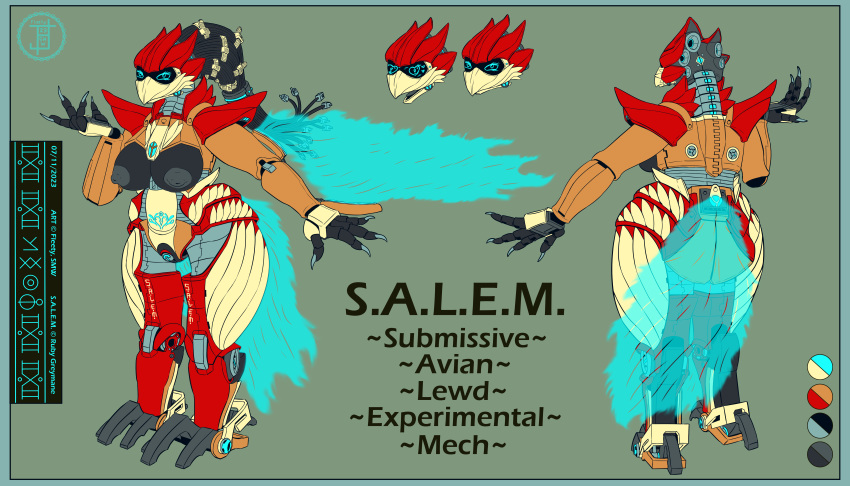 absurd_res anthro avian beak biped bird breasts char_refsheet claws european_mythology feathers female fleety_(artist) genitals greek_mythology hi_res machine model_sheet mythological_avian mythological_firebird mythology nsfw phoenix pussy robot robotic salem_(character) salem_(ruby_greymane) science_fiction