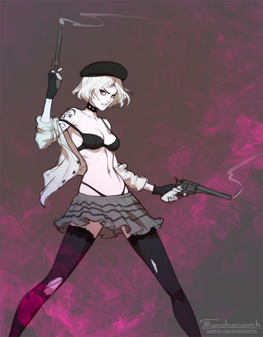 1girls bra charlotte_(tarakanovich) clothing concept_art female firearm gun half_naked handgun highleg_panties highres holding_object human looking_away original original_character pale_skin pantyhose revolver ripped_clothing skirt solo solo_female tarakanovich weapon white_hair