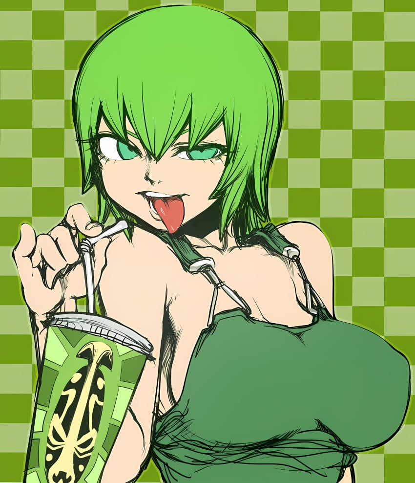 1girls ai_upscaled bare_shoulders big_breasts breasts checkered_background cleavage clothed clothing drinking drinking_water female female_only foo_fighters fully_clothed green_eyes green_hair green_overalls green_theme highres human jojo's_bizarre_adventure light-skinned_female light_skin no_bra no_underwear overalls solo solo_female spacezin stone_ocean tongue tongue_out upper_body water