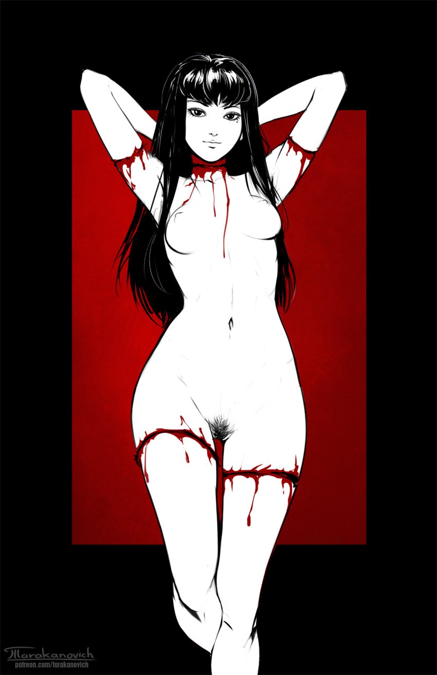 1girls black_and_white black_hair blood blood_stain gore hands_behind_head highres junji_ito looking_at_viewer naked pubic_hair small_breasts smile smiling_at_viewer solo solo_female tagme tarakanovich tomie white_skin