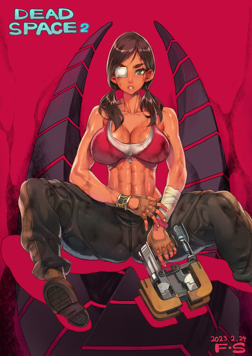 1girls abs blue_eyes blush breasts brown_hair cleavage clothing cyclops dark-skinned_female dark_skin dead_space dead_space_2 electronic_arts ellie_langford eye_patch f.s. female female_focus female_only fingerless_gloves gloves huge_breasts long_hair looking_at_viewer mole_on_breast muscles muscular muscular_female one_eye_covered open_mouth science_fiction scifi short_twintails solo solo_focus spread_legs tied_hair twintails weapon