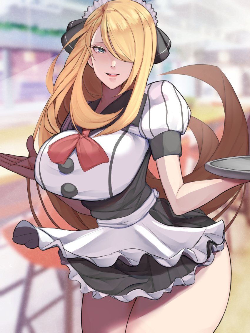 1girls big_breasts black_eyes blonde_hair breasts clothing cynthia_(pokemon) female female_only game_freak hair hair_ornament hair_over_one_eye headwear holding_object holding_plate huge_breasts long_hair maid maid_headdress maid_outfit maid_uniform mature mature_female mature_woman outfit pokemon pokemon_dppt shirosuke115 skirt solo solo_female thick_thighs thighs