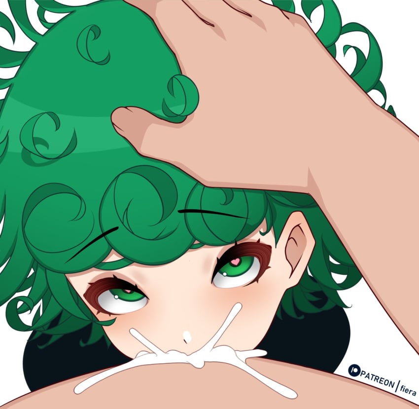 1boy1girl 1girls above_view blush blushing cum cum_in_mouth cumming deepthroat fellatio female fiera_(artist) green_eyes green_hair hand_on_hair hand_on_head heart-shaped_pupils one-punch_man penis_in_mouth pov saitama tatsumaki