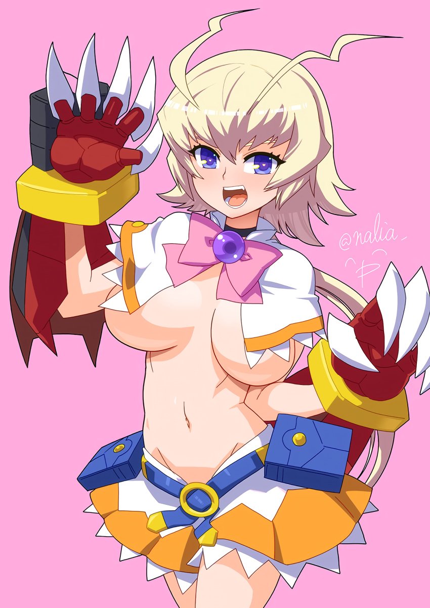 1girls ahoge amanohara_minori arcana_heart big_breasts blonde_hair breast_curtains breasts busty capelet cleavage_cutout clothing_cutout female female_only gloves heart heart-shaped_pupils highres large_breasts legs looking_at_viewer nalia_p navel open_mouth purple_eyes short_hair skirt smile solo symbol-shaped_pupils thighs underboob voluptuous