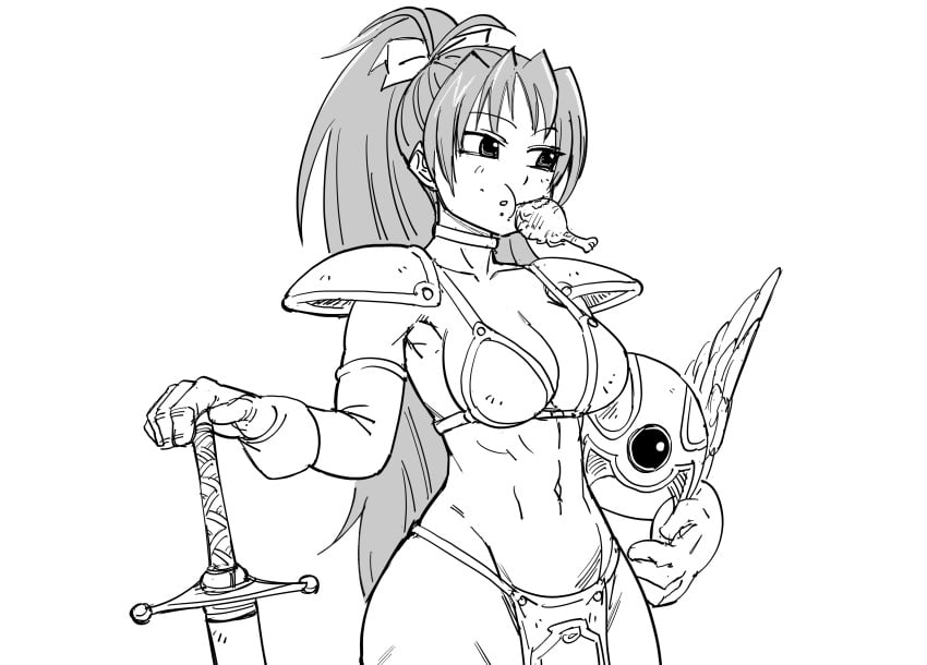 1girls alternate_breast_size armor bb_(baalbuddy) big_breasts bikini_armor breasts busty clothing cosplay dragon_quest dragon_quest_iii female female_only food food_in_mouth food_on_face greyscale headwear_removed helmet helmet_removed high_ponytail highres large_breasts legs long_hair mahou_shoujo_madoka_magica mahou_shoujo_madoka_magica_(anime) meat medium_breasts medium_hair miki_sayaka monochrome mouth_hold navel open_mouth sakura_kyouko soldier_(dq3) soldier_(dq3)_(cosplay) solo stomach sword thick_thighs thighs toned very_long_hair voluptuous weapon