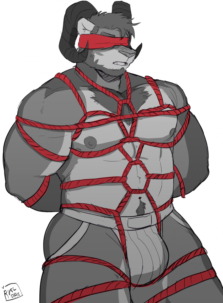 anthro arms_tied blindfold bondage bound bovid caprine clothing cougar felid feline goat hands_behind_back hi_res hybrid jockstrap love_(love_of_the_clouds) male male_only mammal red_rope restraints rope rope_bondage rope_harness ruslorc solo solo_focus underwear