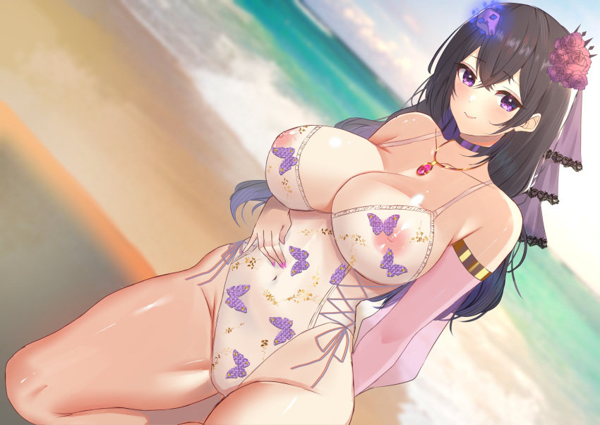 black_hair hair_ornament kneeling large_breasts necklace ophelia_midnight swimsuit transparent_swimsuit virtual_youtuber vreverie