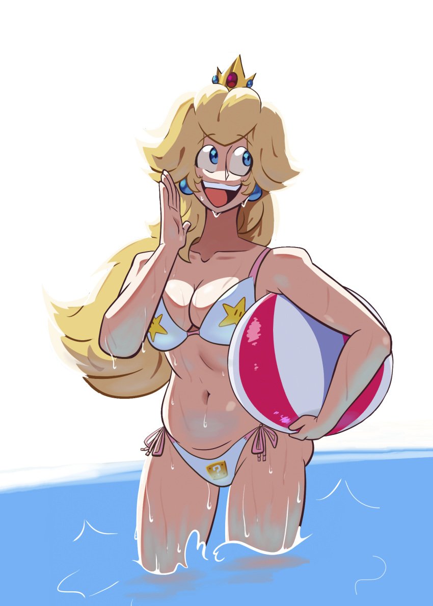 1girls artist_request ball beachball big_breasts bikini blonde_hair blue_eyes breasts busty cleavage female highres large_breasts legs long_hair mario_(series) navel nintendo open_mouth princess princess_peach smile solo source_request super_star_(mario) swimsuit thighs voluptuous water wet white_bikini