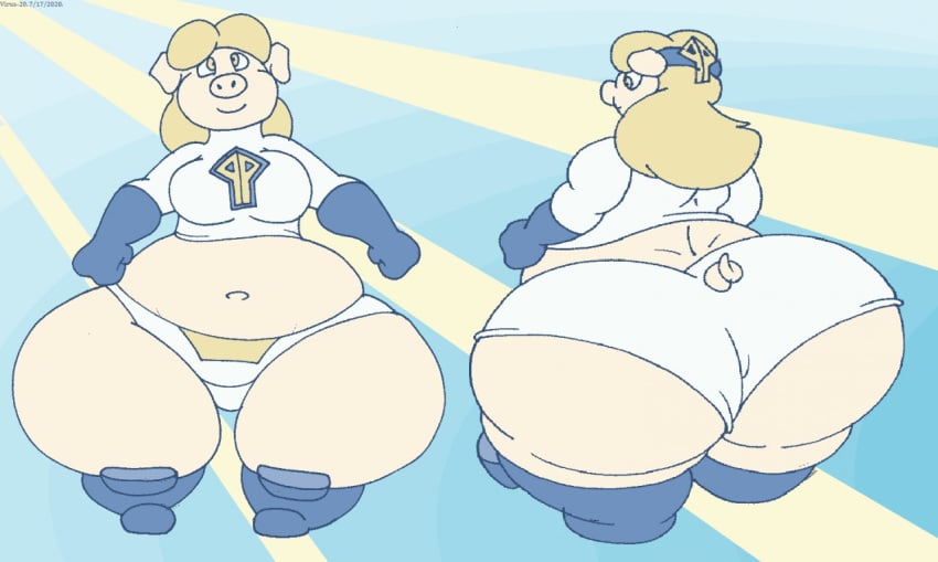 1girls anthro ass back_view belly blonde_hair boots breasts chubby chubby_female fat female female_focus female_only front_view furry gloves hairband hips large_ass large_breasts midriff panties power_pig reference_sheet stomach suina superheroine sus_(pig) symbol thick_thighs thighs underwear virus-20 wide_hips yellow_eyes