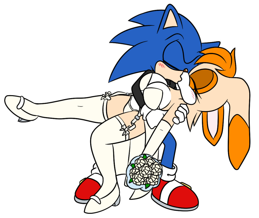 age_difference anthro big_breasts blue_body blue_fur blush breasts bridal_lingerie couple eulipotyphlan eyes_closed female flower hedgehog high_heels kissing lagomorph legwear lingerie male male/female milf orange_fur orange_hair rabbit ring sega sonic_(series) sonic_the_hedgehog sonicguru suit tan_body tan_fur two_tone_body vanilla_the_rabbit wedding_dress wedding_ring wedding_veil