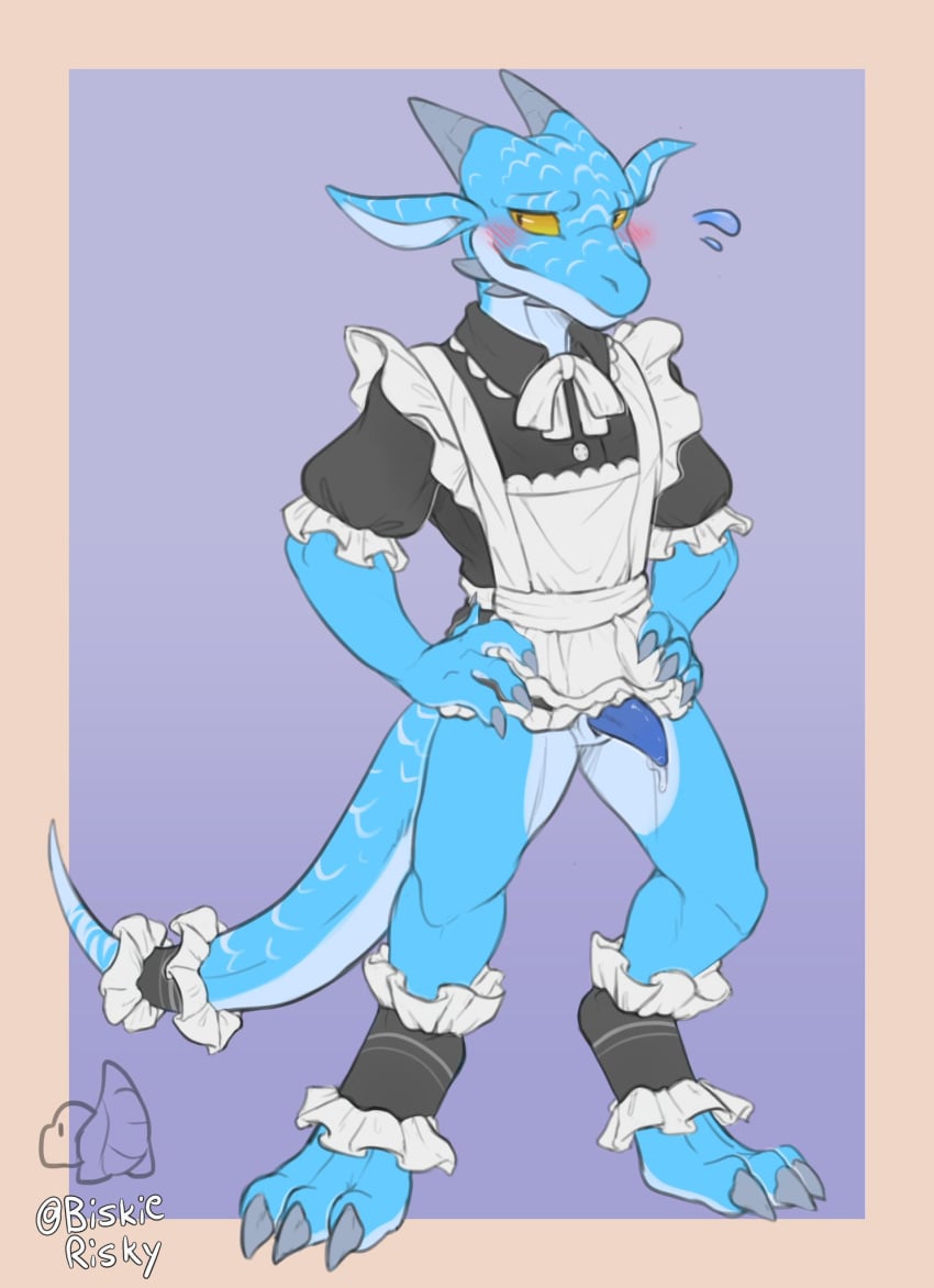 anthro biskierisky black_clothing blue_body blue_penis blush bodily_fluids claws clothing digitigrade dripping furgonomics genital_fluids genitals hands_on_hips hi_res horn kobold long_ears maid_uniform male male_only markings penis precum precum_drip pupils purple_background reptile scalie simple_background slit slit_pupils solo sweat sweatdrop tail tail_clothing tapering_penis toe_claws uniform white_clothing yellow_eyes