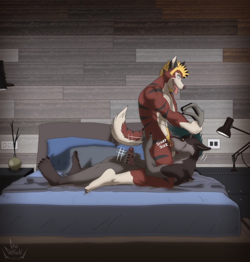 abs absurd_res anthro antler_grab antlers asher_(crocdragon89) beard bed bed_sheet bedding bedside_table biceps big_feet blonde_hair blue_hair body_hair canid canine canis claws cocky crocdragon89 domestic_dog duo ears_back erection eye_contact facial_hair fahen_(dragonmate7) feet fingers fur furniture genitals hair happy_trail headboard hi_res horn humanoid hybrid invalid_tag kai_ken lamp light_switch looking_at_another looking_down looking_up male male/male male_only male_penetrated male_penetrating male_penetrating_male mammal manly masturbation mohawk multicolored_body multicolored_fur muscular muscular_male navel neck_tuft nude open_mouth oral penetration penis pillow pivoted_ears plant red_body red_eyes red_fur red_nose sergolf sex simple_background smile spitz stripes tail teeth thrusting tongue tongue_out towel tuft vase wood_paneling