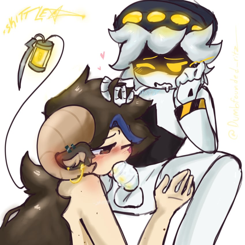 1boy1girl animal_humanoid blowjob dumbfound_ritz fellatio female horned_humanoid male murder_drones n_(murder_drones) oc one_eye_closed original_character ram ram_horns robot self_insert sex