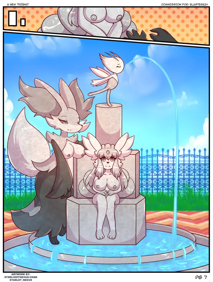 abducted captured celebi comic completely_nude completely_nude_female delphox dialogue fountain horror mienshao nude nude_female petrification pokémon_(species) pokemon pokemon_(species) purrloin starlight_nexus vulpix