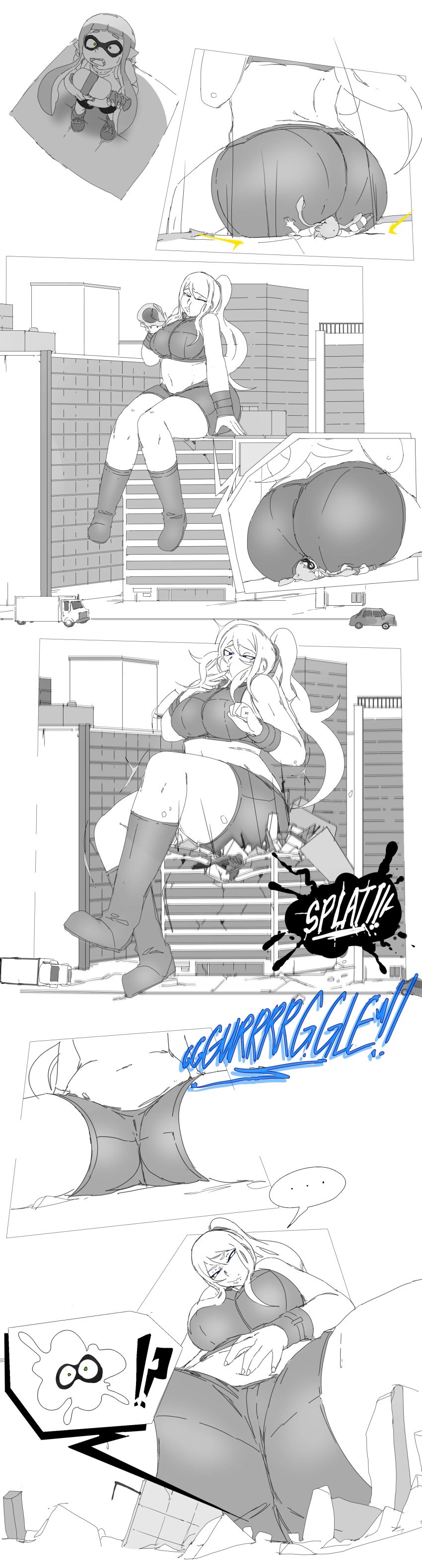 !? ... 2girls big_ass big_butt blue_eyes building building_destruction butt_crush casual_outfit_(metroid) eating english_text giantess green_eyes growth hand_on_belly inkling inkling_girl lazei legs_apart looking_down looking_up metroid nintendo oerba_yun_fang ponytail samus_aran shorts sitting sitting_on_building sitting_on_person sketch smile splatoon splatoon_(series) splattershot stomach_growling stomach_gurgle text text_bubble thick_thighs tiny unaware_buttcrush uncolored