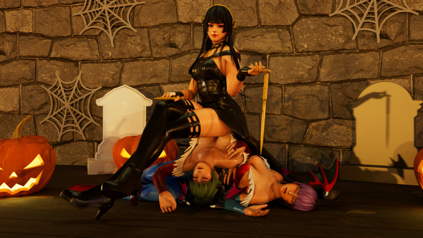 3d ayane_(doa) clothing darkstalkers dead_or_alive dead_or_alive_5 defeated dress head_wings kasumi_(doa) kktzane knocked_out lilith_aensland medium_breasts morrigan_aensland nyotengu ryona small_breasts stockings succubus succubus_costume unconscious upside-down