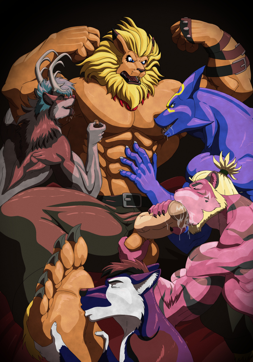 abs absurd_res anthro antlers armpit_fetish armpit_lick armpit_play arms_above_head balls bandai_namco belt belt_buckle black_nose blonde_hair blue_body blue_eyes blue_skin bodily_fluids canid canine claws closed_eyes clothing digimon digimon_(species) erection fahen_(dragonmate7) felid feline fingers foot_fetish foot_play fur galen genital_fluids genitals hair hi_res horn humanoid invalid_tag jewelry kissing leomon licking male male/male mammal mane mohawk multicolored_body multicolored_fur muscular muscular_male neck_tuft necklace nipple_fetish nipple_pinch nipple_play nipples penis penis_kissing pinch pink_hair pink_nose plantigrade precum red_eyes red_nose saliva scalie sergolf sex simple_background stripes teeth tongue tongue_out tuft two_tone_body two_tone_fur worshipping yellow_eyes yellow_sclera