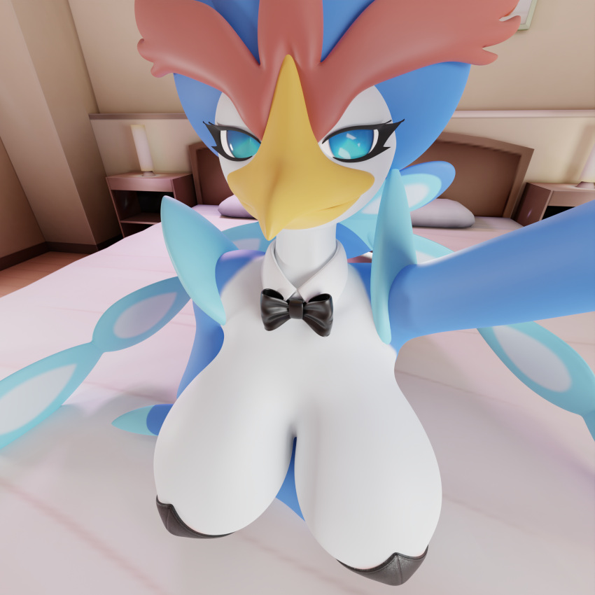 3d anthro avian bedroom big_breasts bow_tie breasts female generation_9_pokemon glubdub hi_res lying nintendo on_front pokemon pokemon_(species) quaquaval selfie solo solo_focus